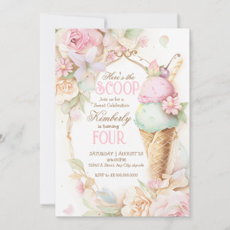 Ice cream birthday, Pink ice cream vintage Invitation