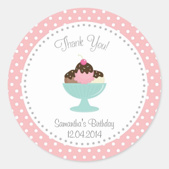 Ice Cream Birthday Thank You Sticker Pink (Front)