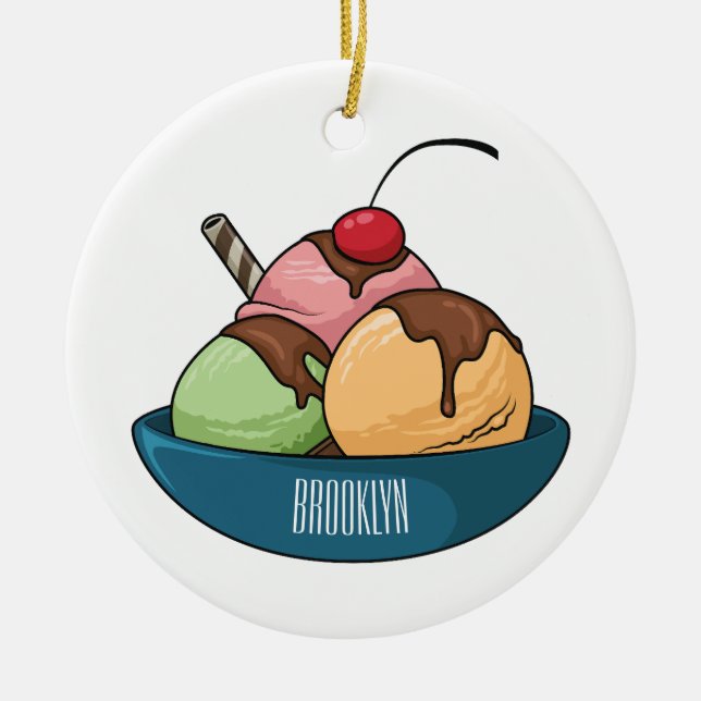 Ice cream cartoon illustration  ceramic ornament (Front)