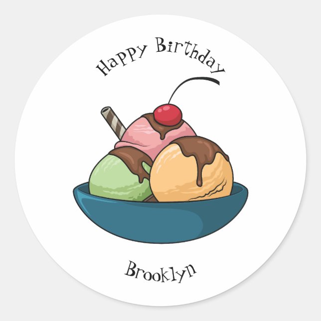 Ice cream cartoon illustration classic round sticker (Front)