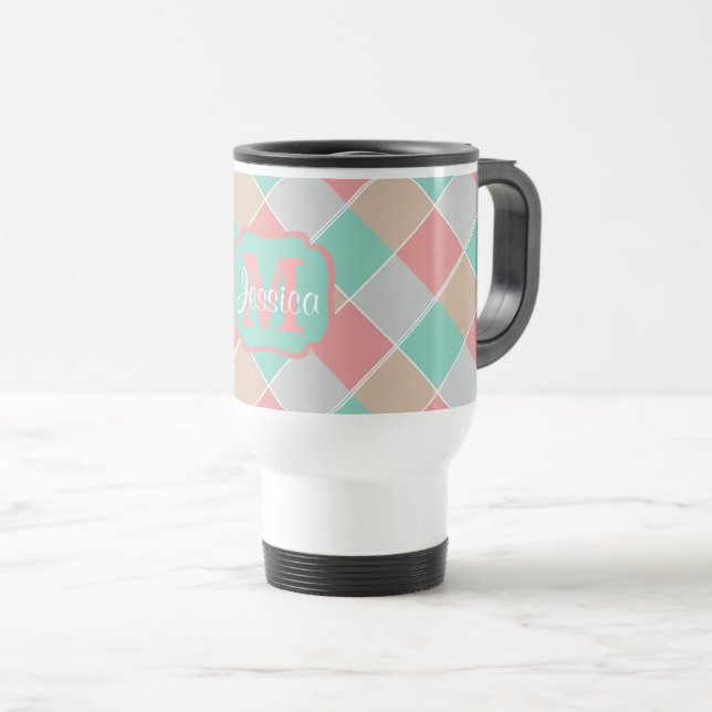 Ice-Cream Colours Checked Personalised Travel Mug (Front Right)
