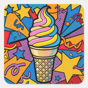 Ice Cream Cone and Confetti Pop Art Square Sticker