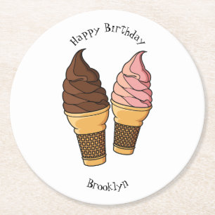 Ice cream cone cartoon illustration round paper coaster