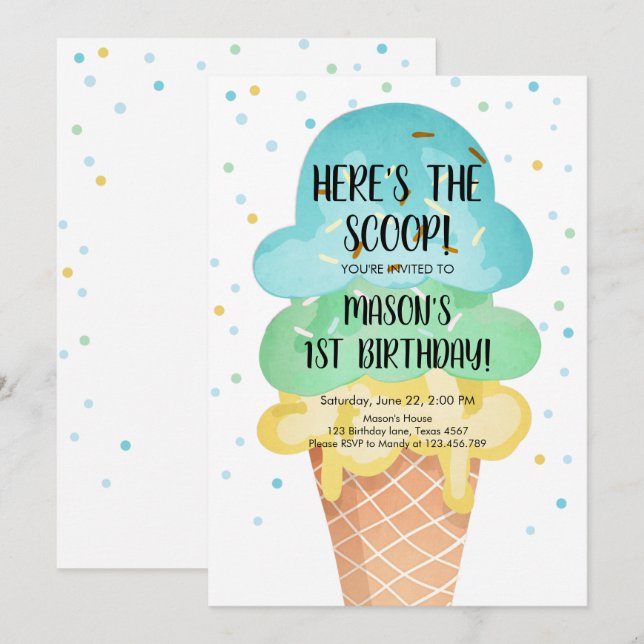 Ice Cream Cone Confetti Boy First Birthday Invitat Invitation (Front/Back)