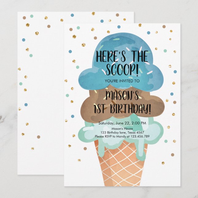 Ice Cream Cone Confetti Boy First Birthday Invitation (Front/Back)