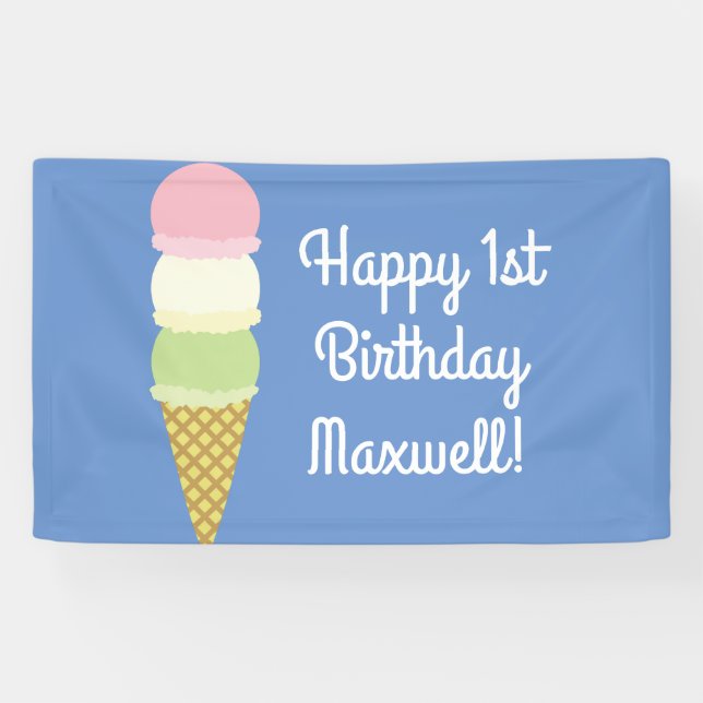 Ice Cream Cone Cute 1st Birthday Party Banner (Horizontal)