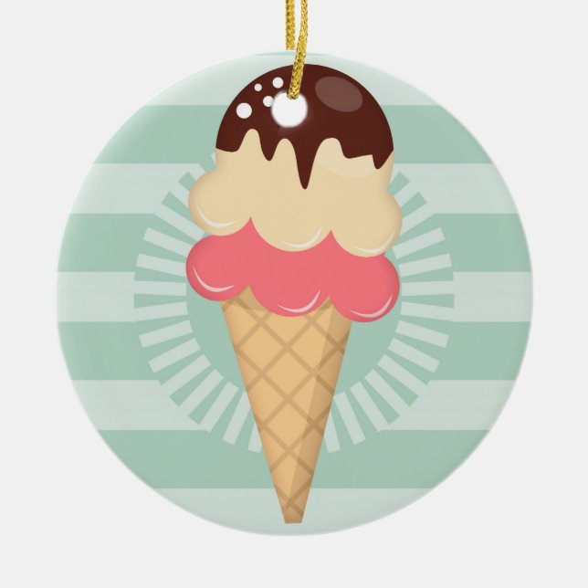 Ice Cream Cone - Cute Chocolate Vanilla Mint Green Ceramic Ornament (Front)