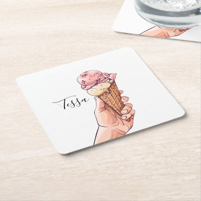Ice Cream Cone Design Monogram Name Square Paper Coaster (Angled)