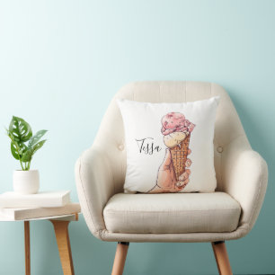 Ice Cream Cone Design Monogram Name Throw Pillow