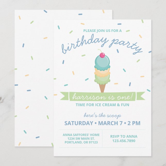 Ice Cream Cone First Birthday Party - Boy Invitation (Front/Back)