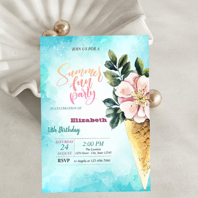 Ice Cream Cone Flowers Summer Birthday Party  Invitation (Creator Uploaded)