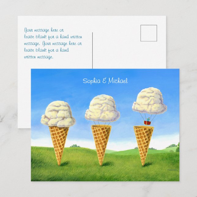 Ice Cream Cone, Hot Air Balloon Whimsical, Names Postcard (Front/Back)
