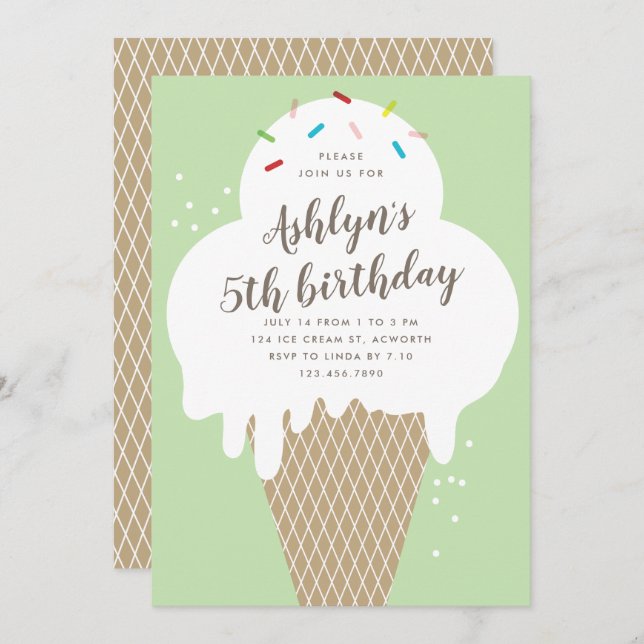 Ice cream cone kids green birthday party invitation (Front/Back)