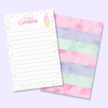 Ice Cream Cone Kids Lined Letter Writing Paper<br><div class="desc">This design is in our ice cream theme, featuring a cute soft serve ice cream cone image with sprinkles, in a pink, purple and mint green colour scheme. Click the customize button if you would like to move/scale the images and further modify the text! Variations of this design, additional colours,...</div>