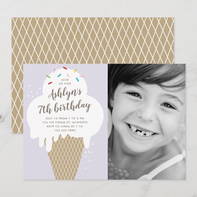 Ice cream cone kids photo birthday party invitation (Front/Back)
