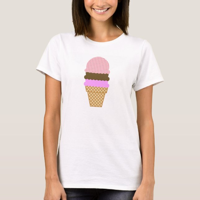 Ice Cream Cone on Blush Pink Gingham T-Shirt (Front)