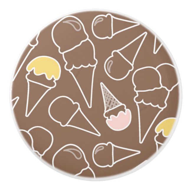 Ice Cream Cone Pattern on Brown Ceramic Knob (Front)