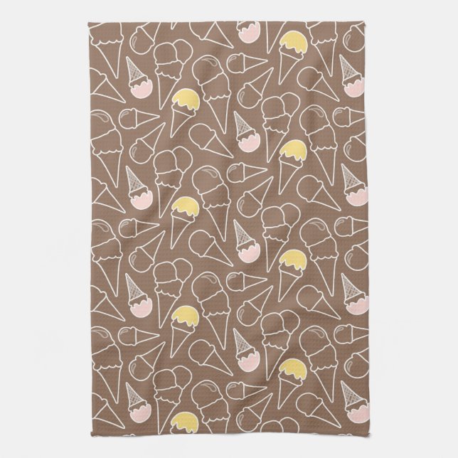 Ice Cream Cone Pattern on Brown Kitchen Towel (Vertical)