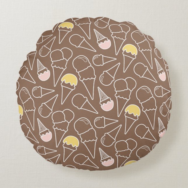 Ice Cream Cone Pattern on Brown Round Pillow (Front)