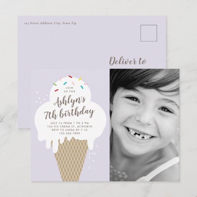 Ice Cream Cone Photo Kids Birthday Party Invitation Postcard (Front/Back)