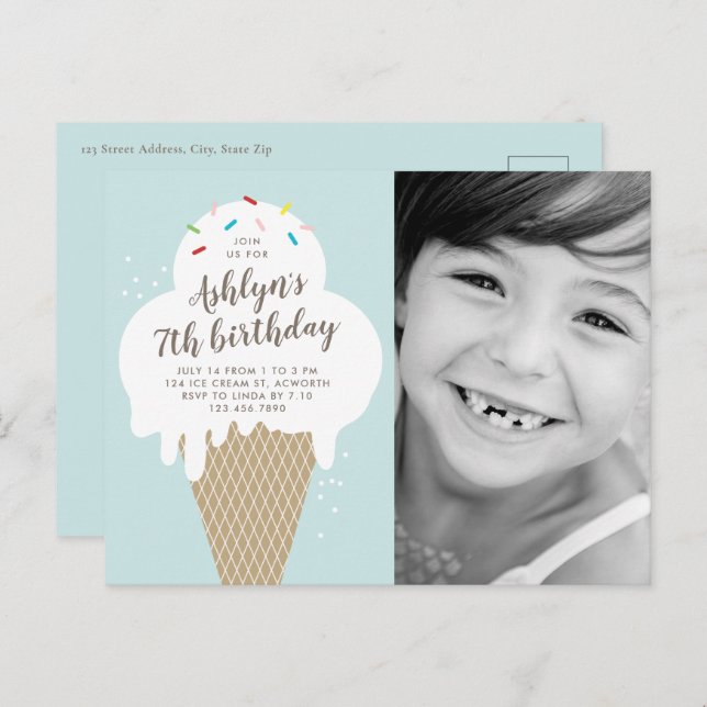 Ice Cream Cone Photo Kids Birthday Party Invitation Postcard (Front/Back)