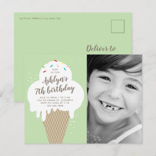 Ice Cream Cone Photo Kids Birthday Party Invitation Postcard