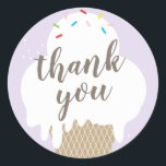 Ice cream cone purple kids thank you classic round sticker<br><div class="desc">A fun kids birthday thank you sticker featuring hand drawn ice cream cone with rainbow sprinkles.</div>