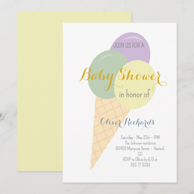 Ice Cream Cone Scoop Kids Baby Shower Invitation (Front/Back)