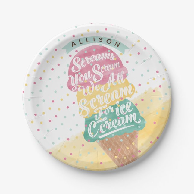 Ice Cream Cone Scoops Treat Bright Birthday Party Paper Plate (Front)
