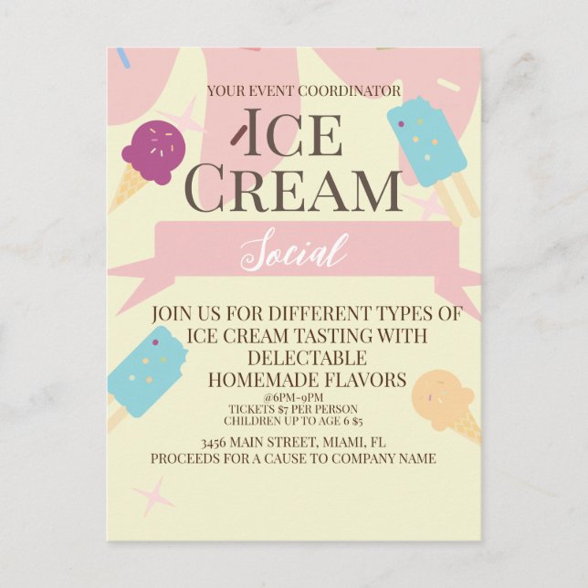  Ice Cream Cone Social Flyers Invitation Yellow  Postcard (Front)