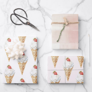Ice Cream Cone Strawberry Birthday  Wrapping Paper Sheet