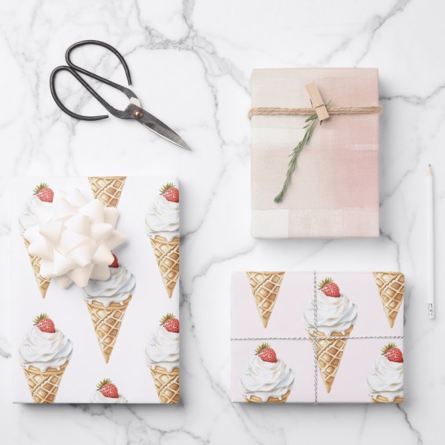 Ice Cream Cone Strawberry Birthday  Wrapping Paper Sheet (Front)