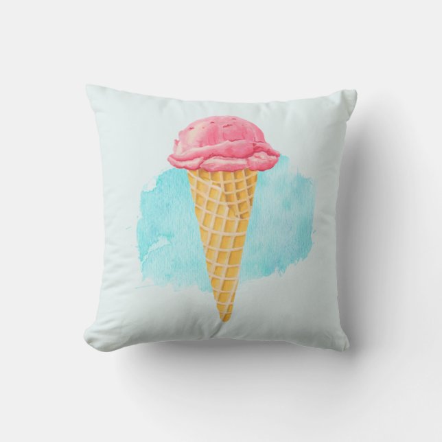 Ice Cream Cone With A Blue Paint Splatter Throw Pillow (Front)