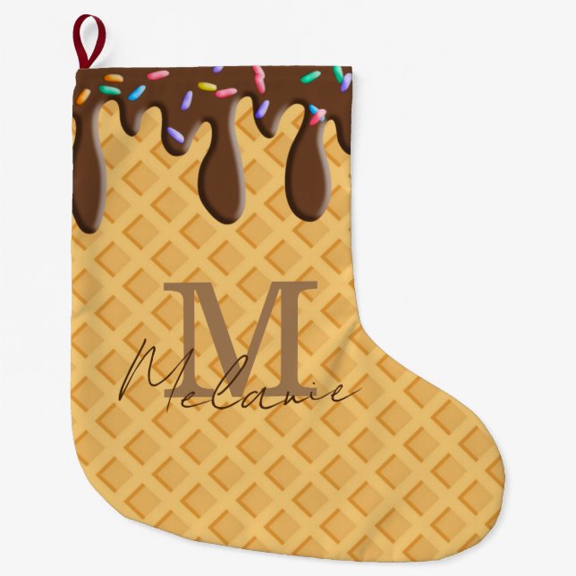 Ice Cream Cone With Chocolate Frosting & Sprinkles Large Christmas Stocking (Front)