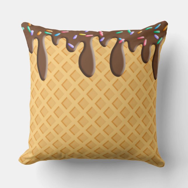 Ice Cream Cone With Chocolate Frosting & Sprinkles Throw Pillow (Front)