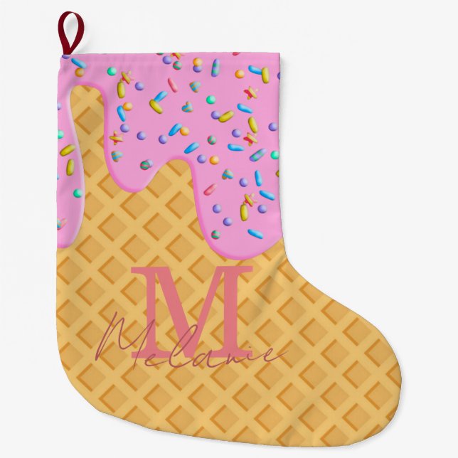 Ice Cream Cone With Pink Frosting & Sprinkles Large Christmas Stocking (Front)