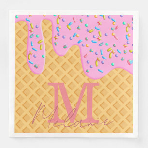 Ice Cream Cone With Pink Frosting & Sprinkles Napkin