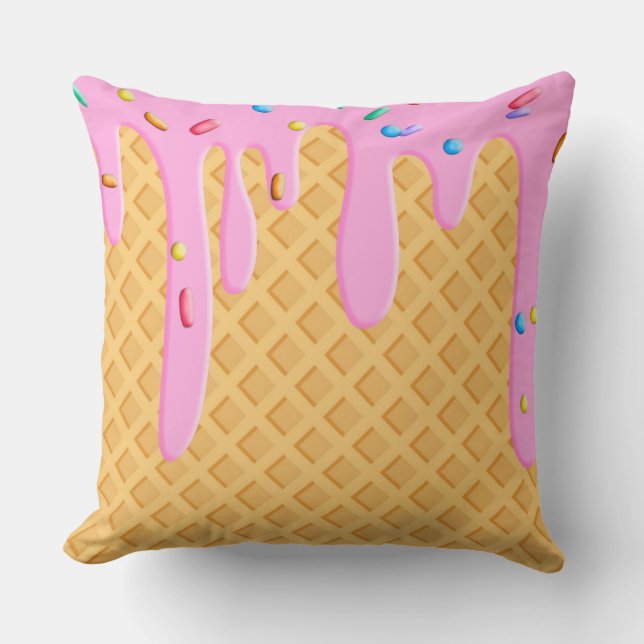 Ice Cream Cone With Pink Frosting & Sprinkles Throw Pillow (Front)