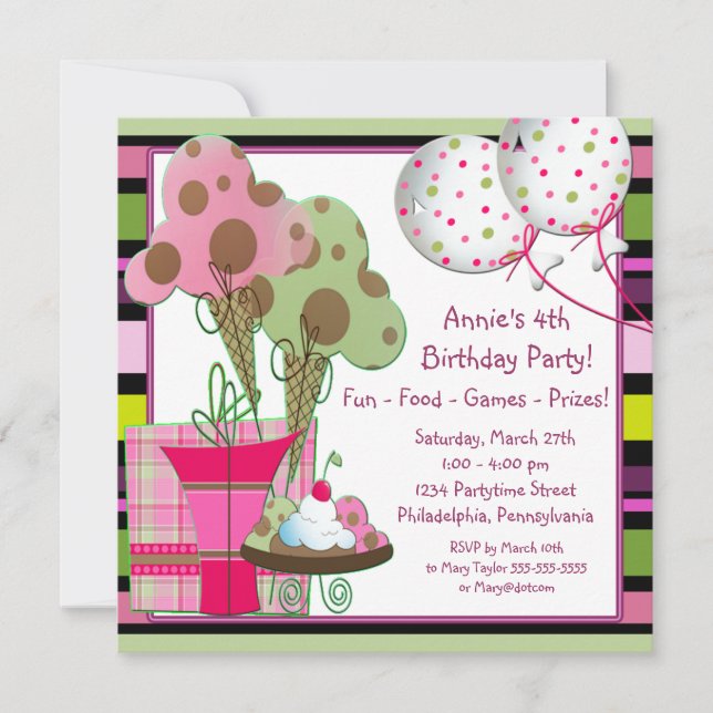 Ice Cream Cones and Balloons Birthday Invitation (Front)