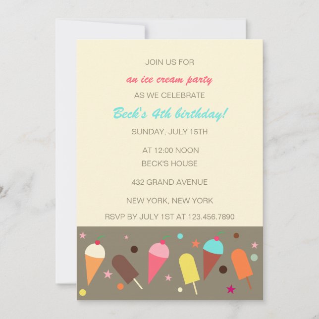 Ice cream cones and bars birthday party invitation (Front)