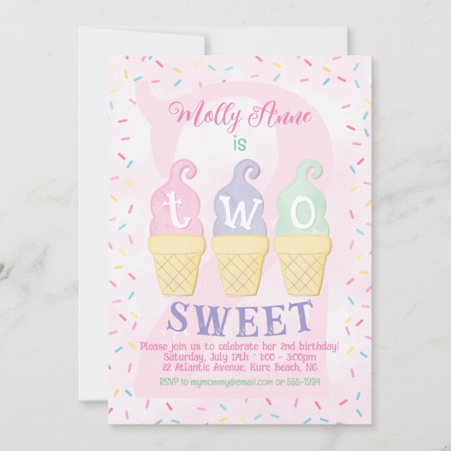 Ice Cream Cones Sprinkles Pastel Pink 2nd Birthday Invitation (Front)