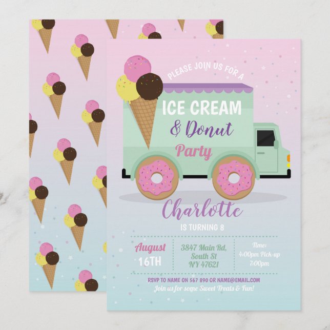 Ice Cream Doughnut Party Birthday Girls Doughnuts Invitation (Front/Back)
