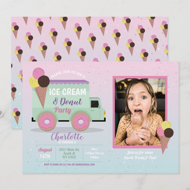 Ice Cream Doughnut Party Birthday Photo Doughnuts Invitation (Front/Back)