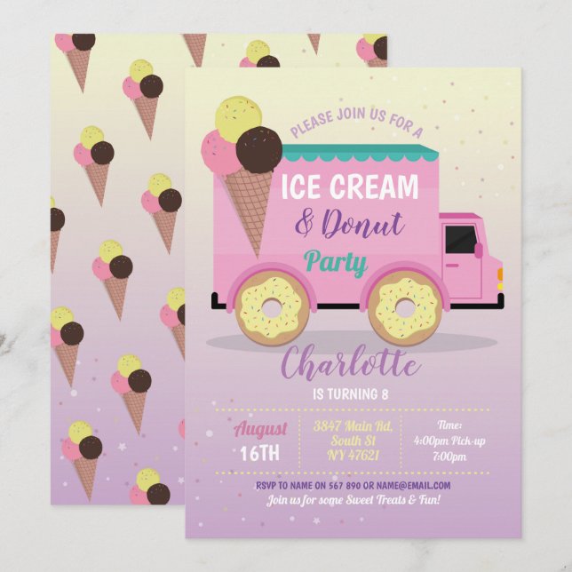 Ice Cream Doughnut Party Birthday Pink Doughnuts Invitation (Front/Back)