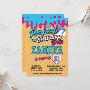 Ice Cream Drip Baseball Blue Pink Birthday Party Invitation