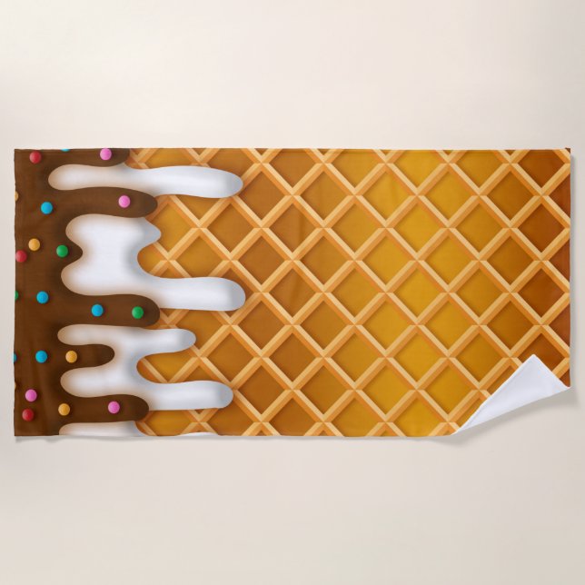 Ice Cream Drip Waffle Cone Chocolate And Vanilla  Beach Towel (Front)