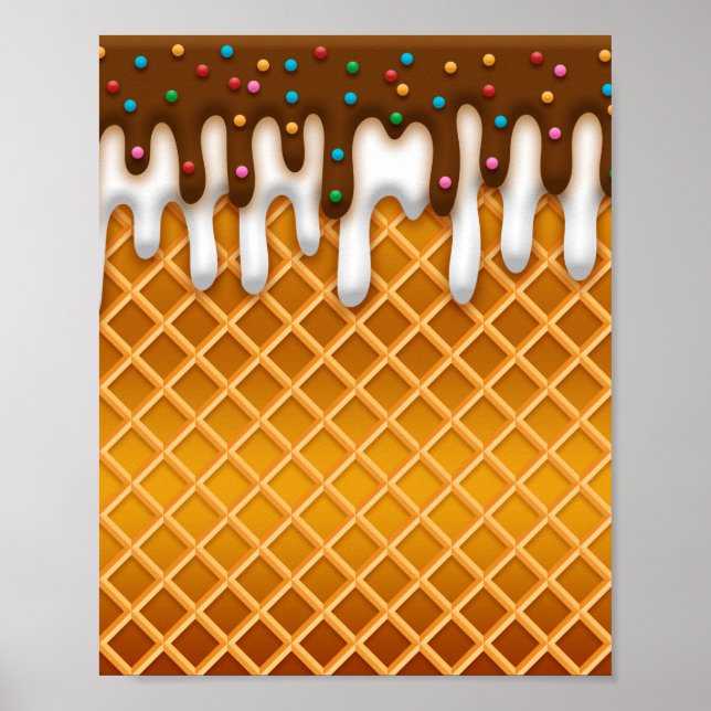 Ice Cream Drip Waffle Cone Chocolate And Vanilla  Poster (Front)