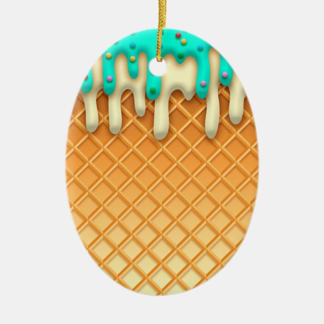 Ice Cream Drip Waffle Cone Mint With Sprinkles Ceramic Ornament (Front)