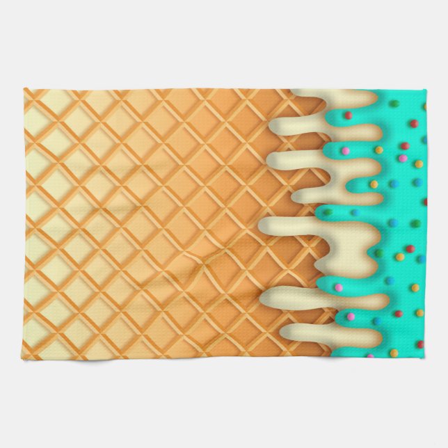 Ice Cream Drip Waffle Cone Mint With Sprinkles Kitchen Towel (Horizontal)