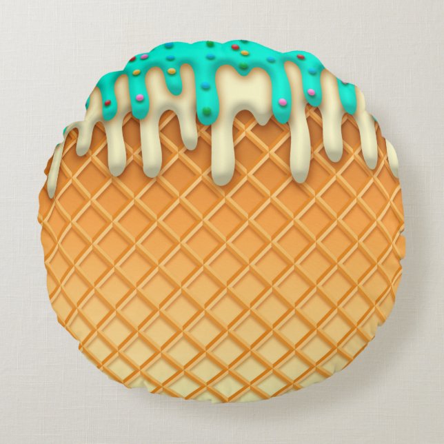 Ice Cream Drip Waffle Cone Mint With Sprinkles Round Pillow (Front)